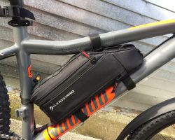 Custom NZ made 36volt 17.5ahr battery inside a quality Blackburn frame bag.